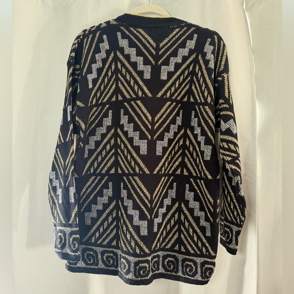 Vintage Statements by Pronto Black Gold Silver Chevron Knit Sweater Size Large - Picture 3 of 8
